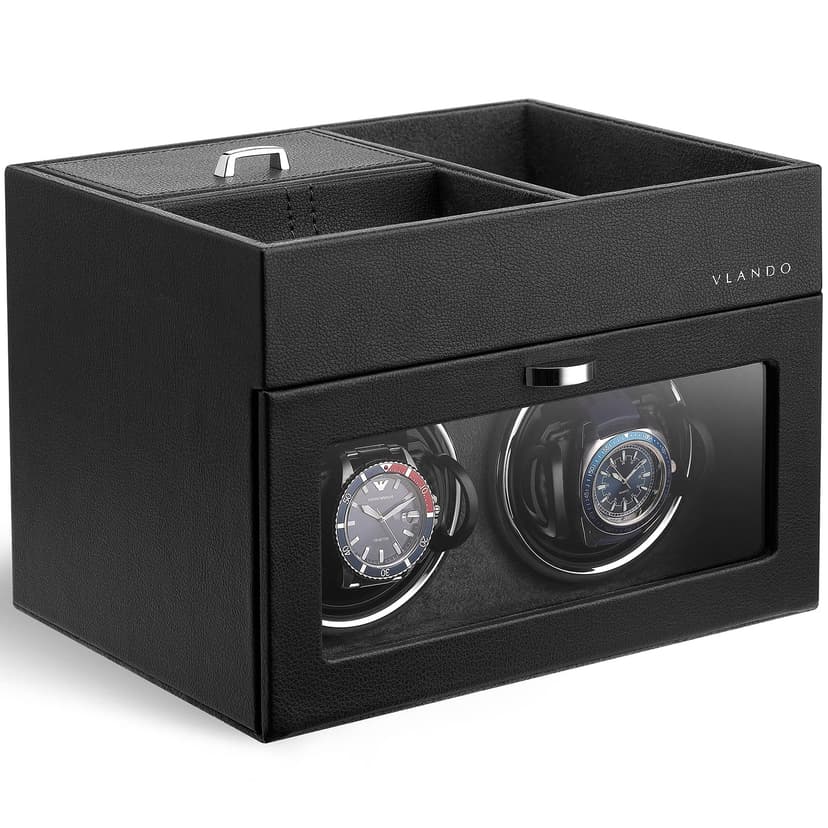 Vlando Automatic Double Watch Winder for Men - Watch Winder Box with Jewelry Organizer Tray for Father Husband Dad, Japanese Quiet Motor, LED Light, Adjustable Watch Pillows - Black