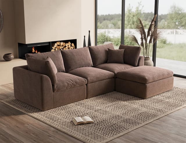 ohllob 110" Cloud Sectional Couches for Living Room, Boneless L-Shape Couch with Ottoman, 3 Seater Modular Sectional Sofa, Brown