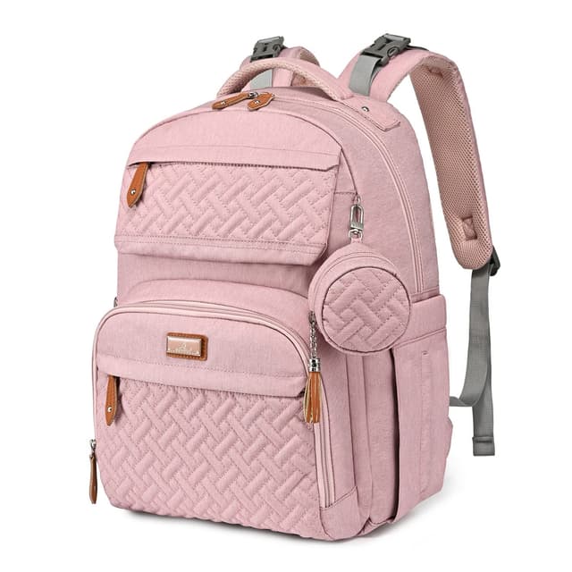 BabbleRoo Diaper Bag Backpack - Travel Large Baby Diaper Bag with Changing pad, Waterproof Baby Bags for Mom & Dad, Unisex Bags with Pacifier Case, Luggage Strap & Stroller Clips– Pink