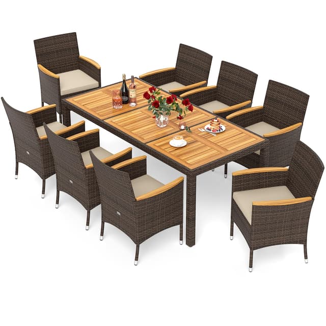 Tangkula 9 Pieces Rattan Outdoor Dining Set for 8, Outdoor Acacia Wood Table Set with 8 Cushioned Wicker Chairs, Umbrella Hole, Patio Dining Furniture Set for Deck Pool Backyard