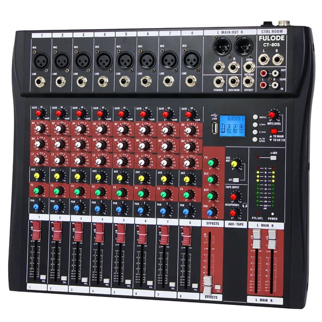 FULUODE Audio Mixer 8 Channel, CT-80S Professional Sound System Mixer Board DJ Mixing Console with Reverb MP3 Player Bluetooth 48V Phantom Power Supply USB Recording for Studio Karaoke Live Music