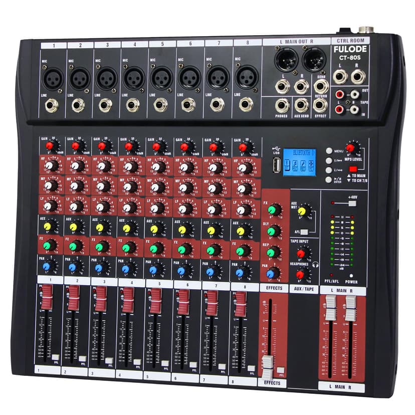 FULUODE Audio Mixer 8 Channel, CT-80S Professional Sound System Mixer Board DJ Mixing Console with Reverb MP3 Player Bluetooth 48V Phantom Power Supply USB Recording for Studio Karaoke Live Music