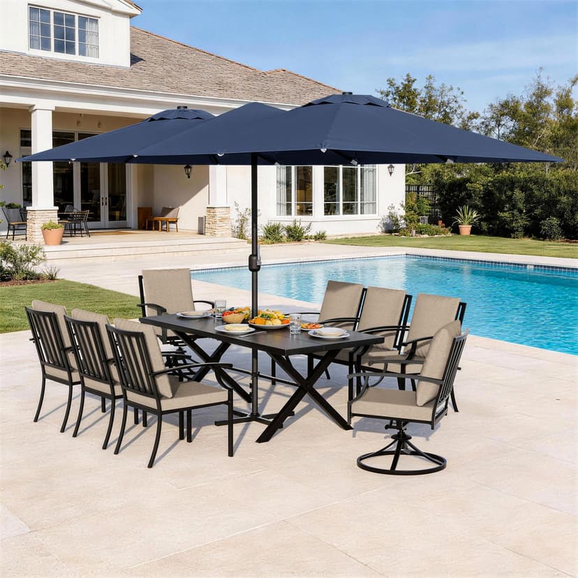 10 Piece Outdoor Dining Table and Chairs for 8, Rectangular Patio Dining Table with 14 Ft Patio Umbrella with 2 Swivel Rocking Dining Chairs with Cushions, Lawn Garden Outdoor Table and Chairs-Sand