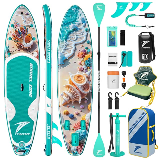 TIDETREK 11'/11'6" x 33"/34" x 6" Inflatable SUP Paddle Board – Extra-Wide, Stable Stand Up Paddle Board with Premium Full Accessory Set for Adults & Youth (Shell Whisper/Kayak Seat, 11'x33 x6)