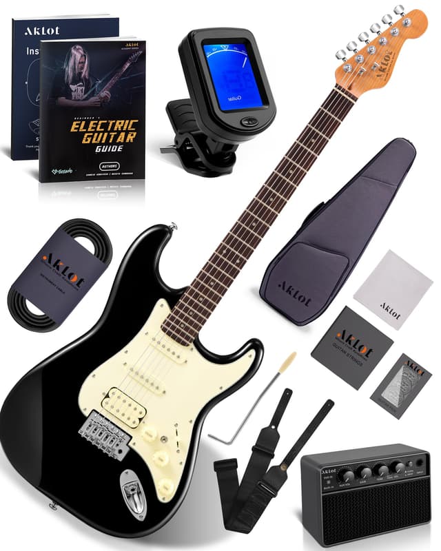 AKLOT Beginner Electric Guitar Kit: 10W Amp, Coil-Split HSS Pickups, Lesson Book, Roasted Maple Neck, Gig Bag, Tuner, Strap, Picks, Stryde Phantom Black