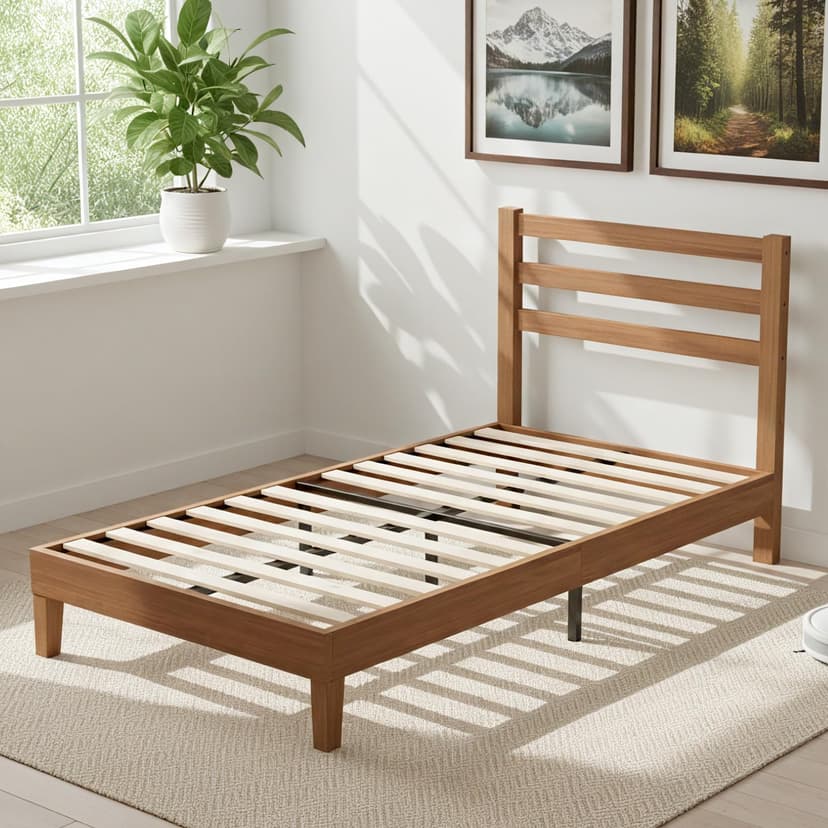 Sweetcrispy Solid Wood Bed Frame - Twin Size Mattress Foundation with Headboard, No Box Spring Needed with 1100LBS Sturdy Wooden Slats Support, Noise Free, Easy Assembly