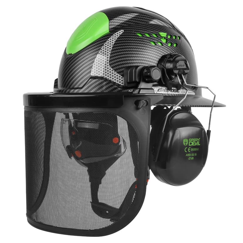 GREEN DEVIL Industrial Chainsaw Helmet with Face Shield Built in Visor and Ear Muffs 4 in 1 System ANSI Z89.1 Safety Hard Hat Adjustable Headgear Ideal for Forestry and Arborist Work Full Brim Style