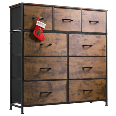 WLIVE 9-Drawer Dresser, Fabric Storage Tower for Bedroom, Hallway, Entryway, Closet, Tall Chest Organizer Unit with Fabric Bins, Steel Frame, Wood Top, Easy Pull Handle, Rustic Brown Wood Grain Print