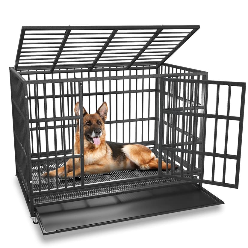 BOLDBONE 48 inch Heavy Duty Indestructible and Escape-Proof Dog Crate Cage Kennel for Large Dogs, High Anxiety Dog Crate with Removable Wire Trays and Wheels, Extra Large XL XXL, Black
