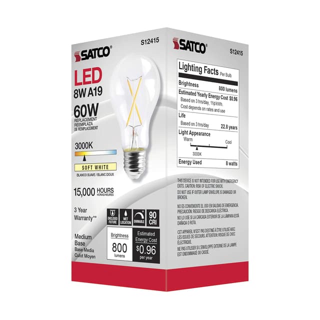 Satco S12415, 8 Watt, A19, Clear, Medium Base, 3000K, 90 CRI, 120 Volt LED Bulb