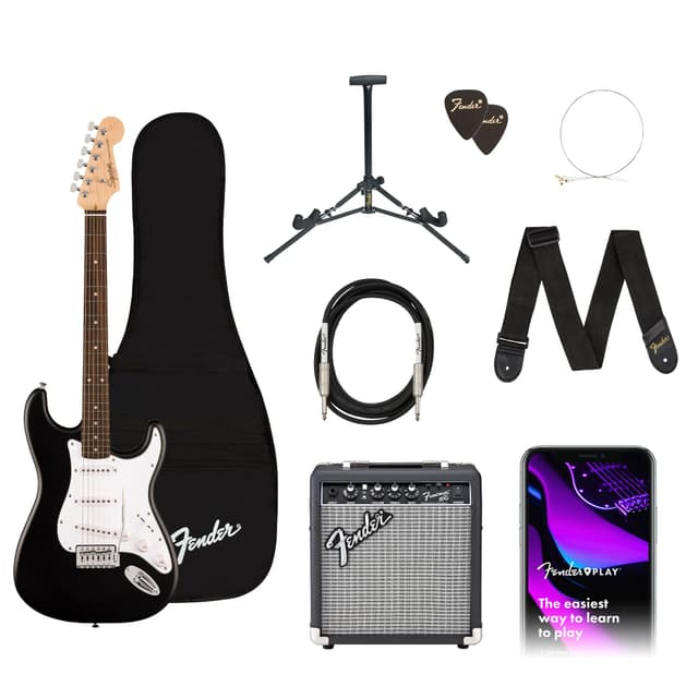 Fender Squier Debut Series Stratocaster Electric Guitar Kit, Beginner Guitar Kit, with 2-Year Warranty, with Padded Gig Bag, Frontman 10G Amp, Strap, and More, Includes Free Lessons, Black
