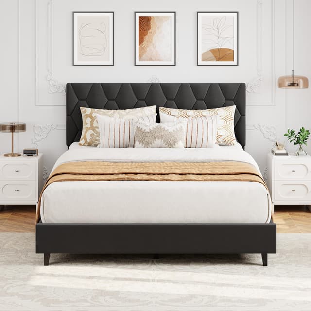GAOMON Grey Queen Bed Frame with Upholstered Headboard, Heavy-Duty Platform Bed Frame with Strong Wood Slats, No Box Spring Needed/Easy Assembly/Noise Free