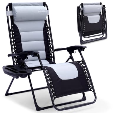 SereneLife Padded Zero Gravity Lounge Chair - Reclining Patio Chairs - Outdoor Lounge Chairs with Detachable Cup Holder Tray - Folding Recliner Chair with Removable Pillows - 1, Gray and Black