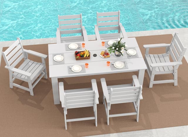 GREENVINES 7-Piece Outdoor Dining Set | HDPE | Patio Table and Chairs Sets for 6 | Patio Furniture | All Weather | Umbrella Hole | White | for Backyard Poolside Garden