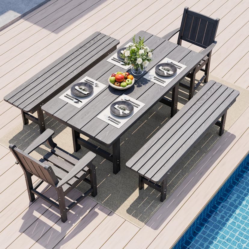 Pamapic 5 PCS Outdoor Dining Set, Spacious HDPE Outdoor Table and Chairs with 2 Bench, Wood Grain Patio Furniture Sets with Elegant Armrest, All-Weather Outdoor Furniture with Umbrella Hole, Gray