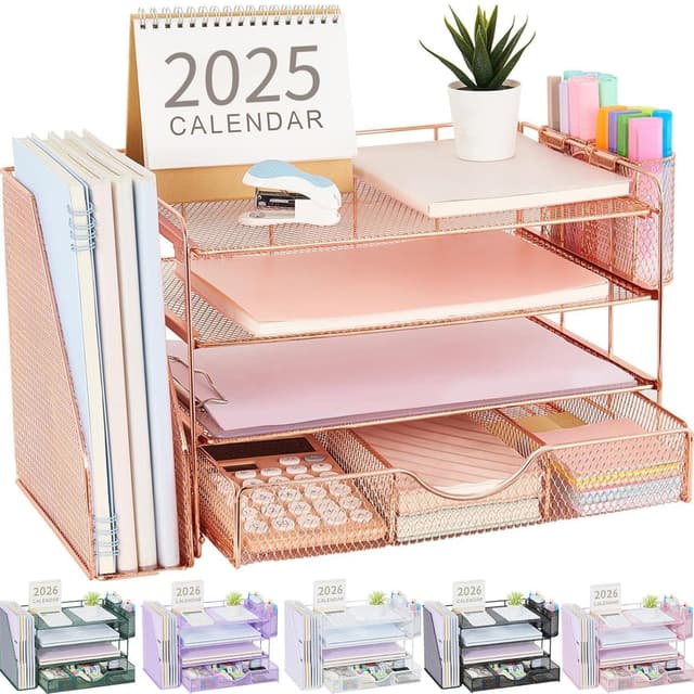 gianotter Desk Organizers and Accessories with File Holder, 4-Tier Desk Accessories & Workspace Organizers with Drawer and 2 Pen Holder, Paper Organizer for Office Supplies (Rose Gold)