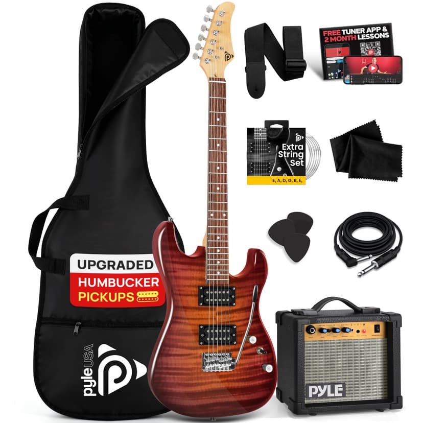 Pyle Electric Guitar Kit with Amp, Full Size Instrument with Humbucker Pickups, Guitarra Electrica Amplifier and Beginner Bundle Accessories, 39" Red