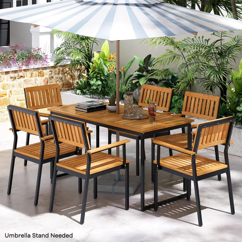 Tangkula 7 Piece Outdoor Dining Set for 6, Acacia Wood Rectangular Dining Table & 6 Armchairs w/Metal Frame, Umbrella Hole, Farmhouse Dining Furniture Set for Garden Porch Poolside Yard