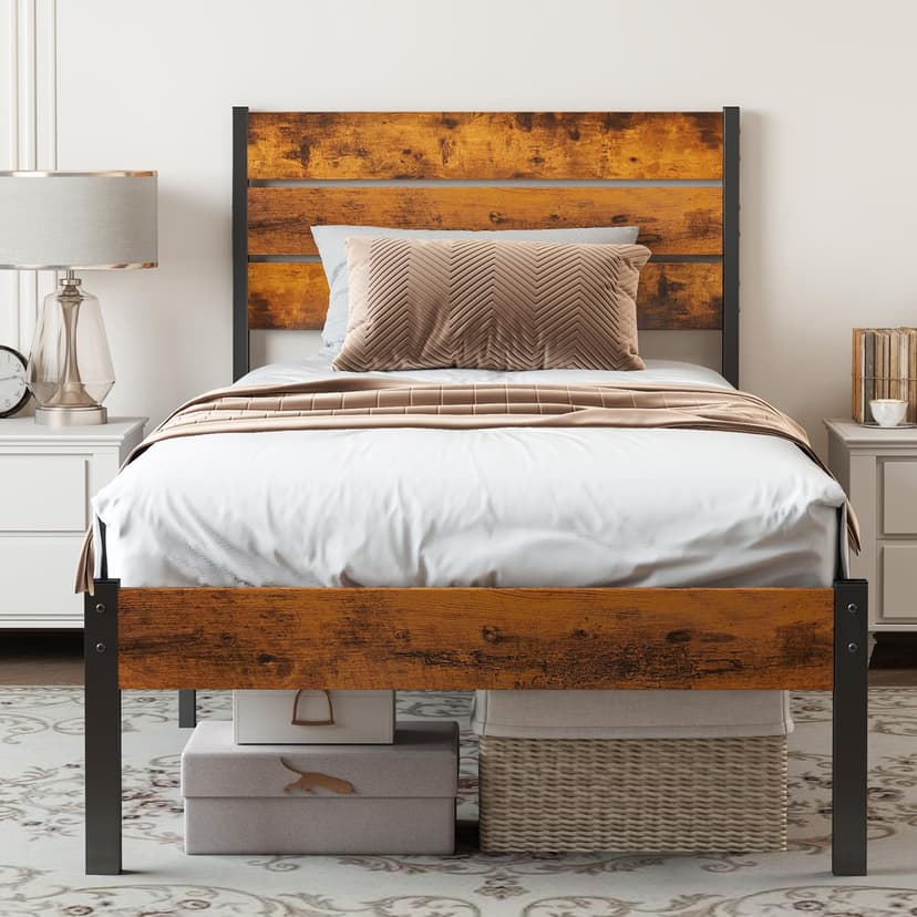 Sweetcrispy Twin Size Metal Platform Bed Frame - Mattress Foundation with Headboard and and Footboard, No Box Spring Needed with 700LBS Sturdy Wooden Slats Support, Noise Free, Easy Assembly