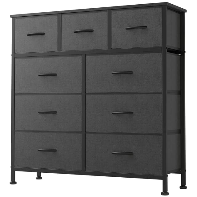 DUMOS 9 Drawer Dresser, Fabric Storage Organizer with Sturdy Metal Frame and Wooden Top, Modern Chest of Drawers for Bedroom Closet Entryway,Grey