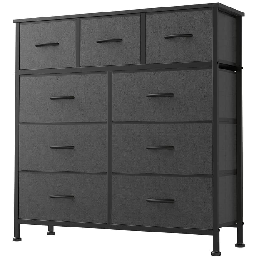 DUMOS 9 Drawer Dresser, Fabric Storage Organizer with Sturdy Metal Frame and Wooden Top, Modern Chest of Drawers for Bedroom Closet Entryway,Grey