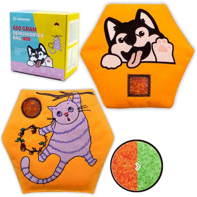 Wisesorb 600g 2pcs Rechargeable Desiccant Packs for Storage, Color Indicating Silica Gel Packets Moisture Absorbers with Transparent Window, Reusable Dehumidifier Bags for Gun Safe Closet Basement Car