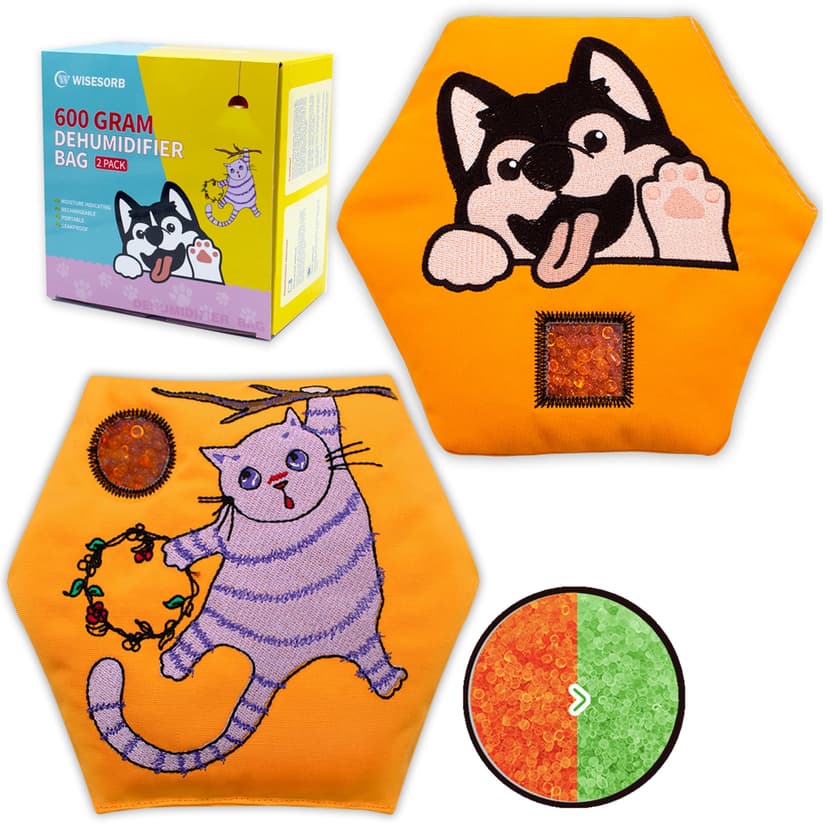 Wisesorb 600g 2pcs Rechargeable Desiccant Packs for Storage, Color Indicating Silica Gel Packets Moisture Absorbers with Transparent Window, Reusable Dehumidifier Bags for Gun Safe Closet Basement Car