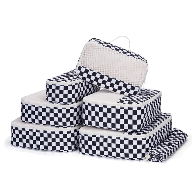 Narwey 7 Set Checkered Packing Cubes for Travel Carry on Suitcase Luggage Organizer Bags for Kids Women Men, Durable Packing Organizers Bag, Travel Essentials Accessories (Black Checkerboard)