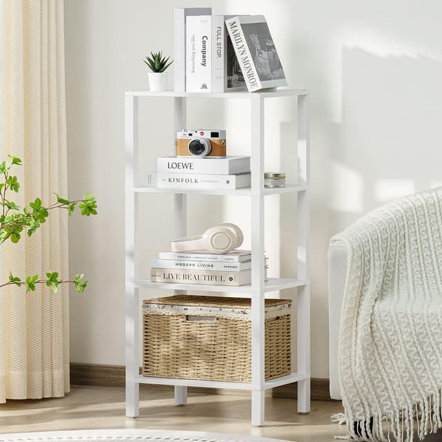 YUFAM 4 Tier Tall Wooden Bookshelf with Storage - Small White Bookcase for Small Spaces, Shelf for Living Room, Office, Bedroom, Kitchen - Industrial Modern Book Shelf