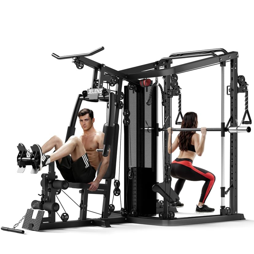 JELENS Home Gym System, 150LB Weight Stack Smith Machine with LAT Pull-Down & Leg Press, All-in-One Strength Training Equipment, Workout Station for Workout (Black, Classical Package)