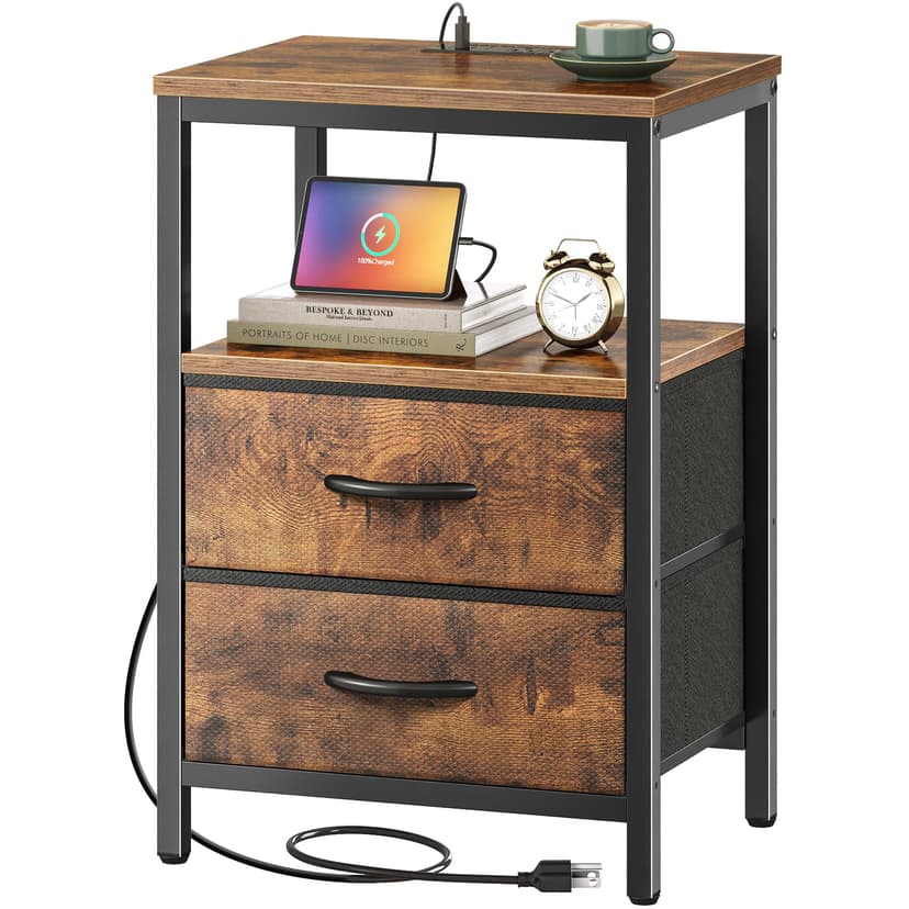 Huuger Nightstand with Charging Station, Fabric Drawers, End Table with Open Shelf, Bedside Table with USB Ports and Outlets, Night Stand for Bedroom, Rustic Brown