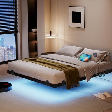 qimamo 14 Inch Floating Full Bed Frame with Smart LED Lights and Charging Station, Modern Metal Full Bed Frame, Easy to Assemble, No Box Spring Needed