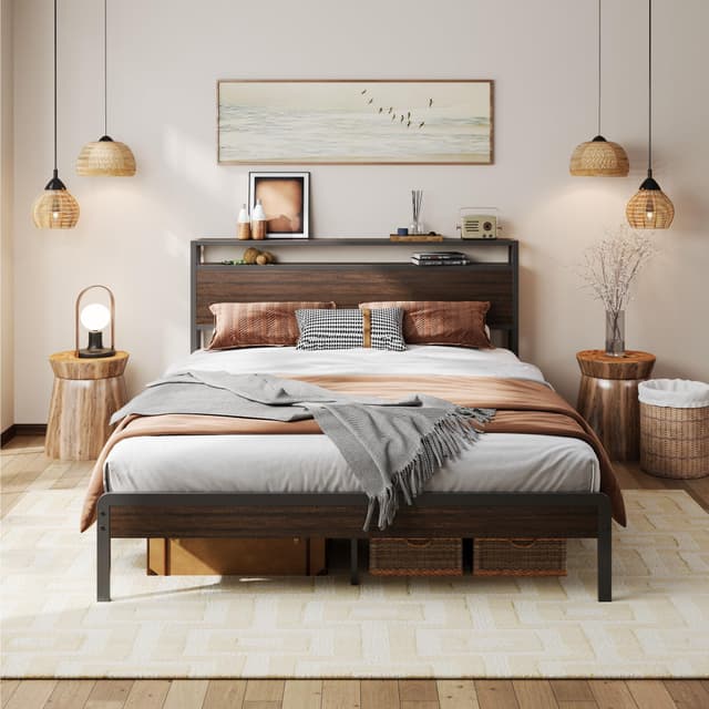 LIKIMIO Queen Bed Frame with Headboard, Dark Wood Camas Queen with Strong Supports, Sturdy, Noise-Free, No Box Spring Needed, Dark Brown