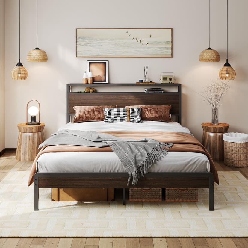 LIKIMIO Queen Bed Frame with Headboard, Dark Wood Camas Queen with Strong Supports, Sturdy, Noise-Free, No Box Spring Needed, Dark Brown