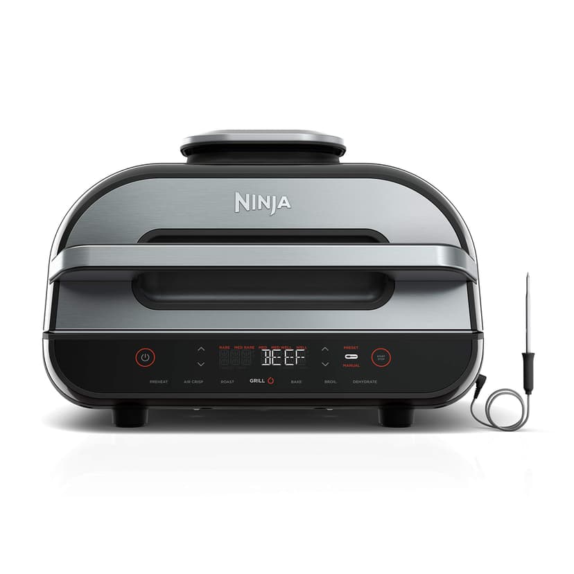 Ninja | Indoor Grill and Air Fryer| Foodi Smart XL | 6-in-1 Grill, Air Fry, Roast, Bake, Broil, Dehydrate & Crisp |Smart Thermometer & Splatter Shield | Dishwasher Safe Parts | Black/Silver | FG551