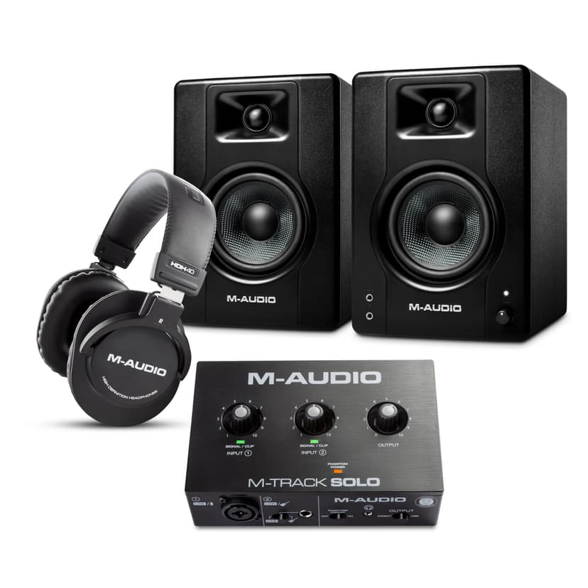 M-AUDIO BX4 Pair Studio Monitors Bundle with Single XLR Audio Interface and Headphones for Studio Recording, Music Production, Podcasting, Streaming