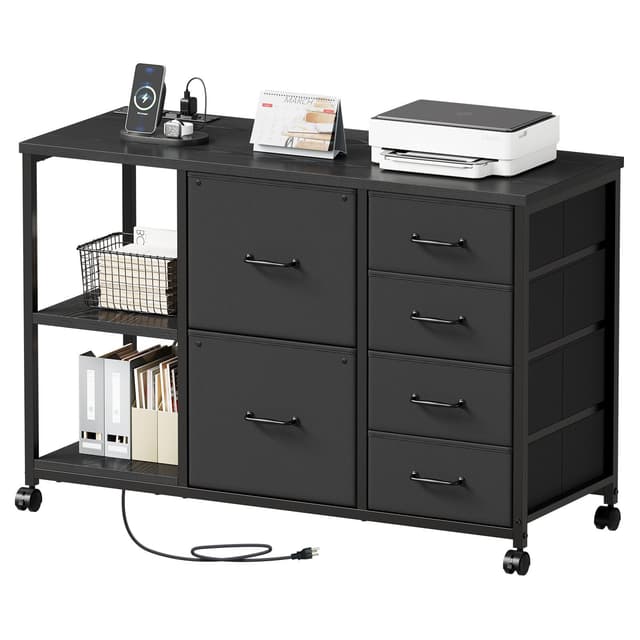 Maihail 6 Drawer File Cabinet with Charging Station Rolling Printer Stand with Open Storage Shelf Fabric Lateral Filing Cabinet for Home Office,Black