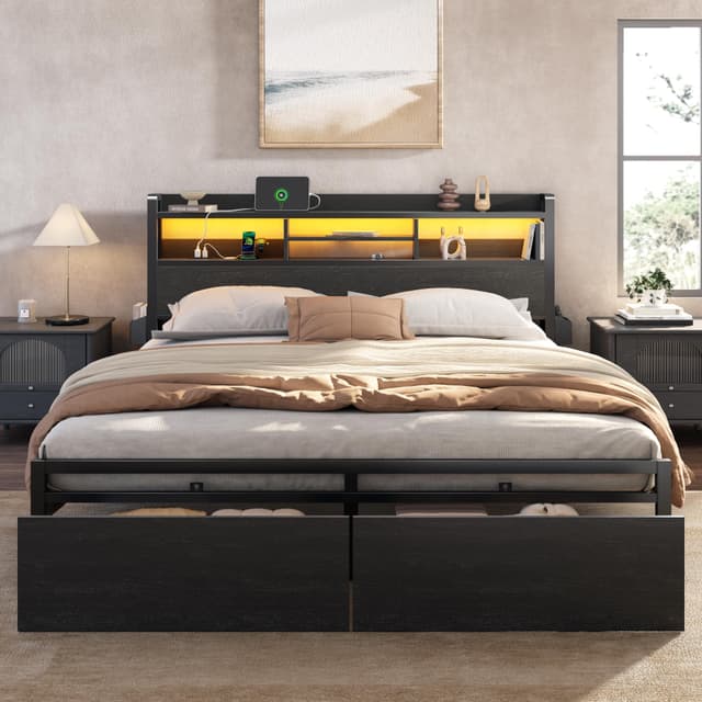 Furnulem King Bed Frame with Wood Headboard & Storage Drawers, Metal Platform Bed Frames King Size with LED Lights, Built in Charging Station, No Box Spring Needed, No Noise, Easy Assembly, Black