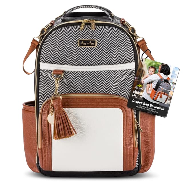 Itzy Ritzy Diaper Bag Backpack – Large Capacity Boss Plus Baby Backpack Diaper Bag Featuring 19 Pockets, Changing Pad, Stroller Clips, and Comfortable Straps (Coffee & Cream)