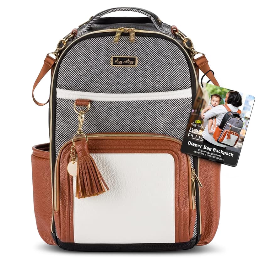 Itzy Ritzy Diaper Bag Backpack – Large Capacity Boss Plus Baby Backpack Diaper Bag Featuring 19 Pockets, Changing Pad, Stroller Clips, and Comfortable Straps (Coffee & Cream)