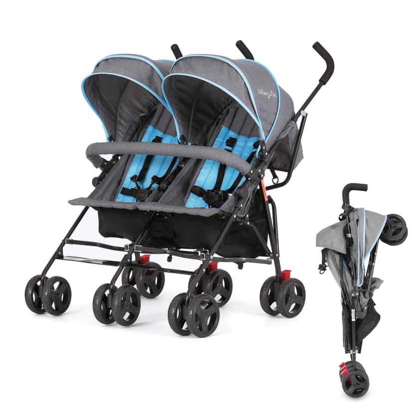 Dream On Me Volgo Twin Baby Stroller, Lightweight Side-by-Side Double Umbrella Stroller with Adjustable Canopy, 5-Point Harness, Storage Basket & Travel-Friendly Fold – Blue and Dark Grey