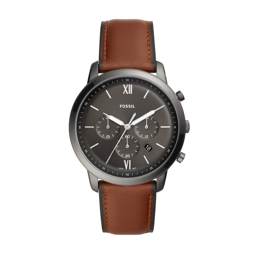 Fossil Men's Watch, Neutra Quartz Stainless Steel and Leather Chronograph Watch for Men, Color: Smoke, Amber