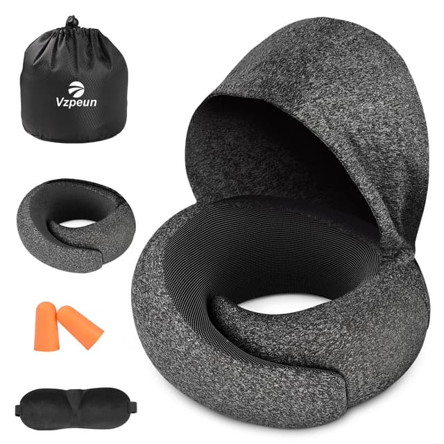 Vzpeun Travel Pillow - Hooded Neck Pillow Airplane Memory Foam Filling for Plane, Office, Cars Sleeping, Road Trip, Long Flights, Portable Plane Accessories, Includes Eye Mask & Earplugs (Dark Gray)
