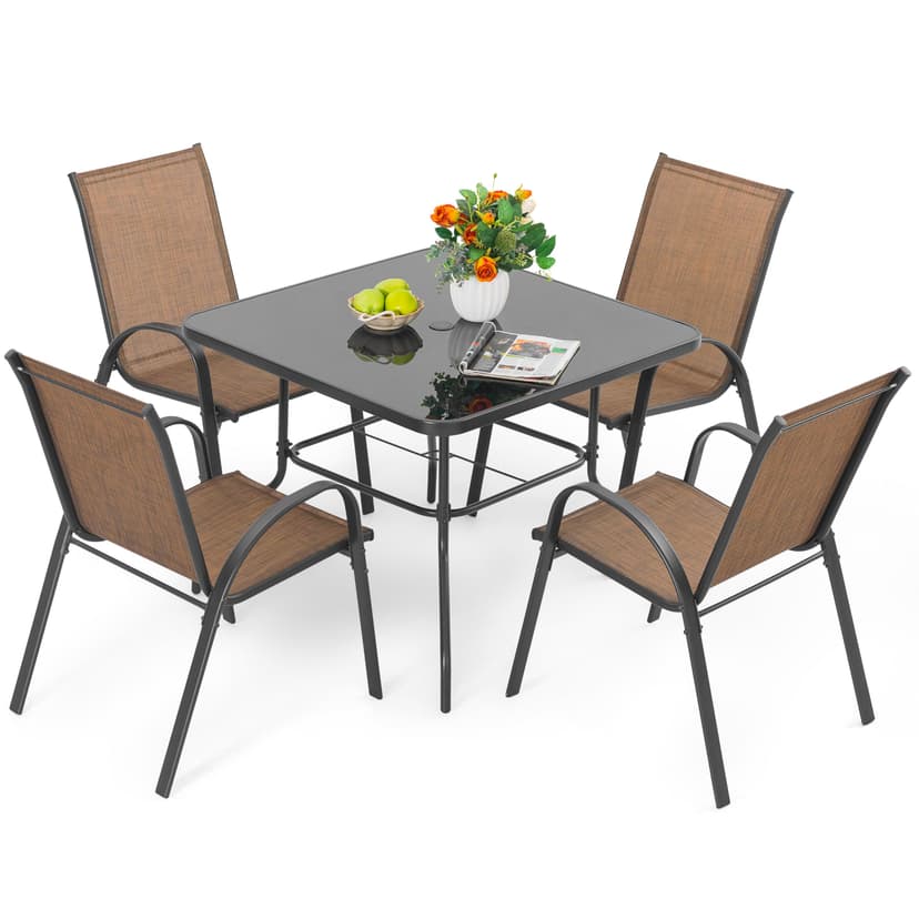 NUU GARDEN 5 PCS Patio Dining Set, Metal Outdoor Table and Chairs, with 4 Stackable Chairs and 31.5’’ Square Table with Umbrella Hole, Outdoor Dining Set for Lawn, Balcony, Garden, Black and Brown