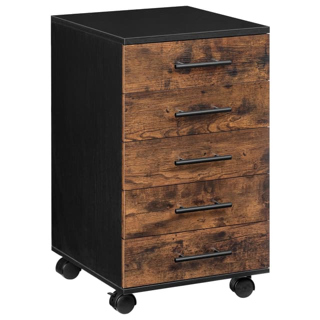 HOOBRO 5-Drawer File Cabinet, Office Filing Cabinet with Drawers, Wooden Mobile Storage Cabinet with Wheels, for Makeup, Home Office, Easy Assembly, Rustic Brown BF05WJ01G1