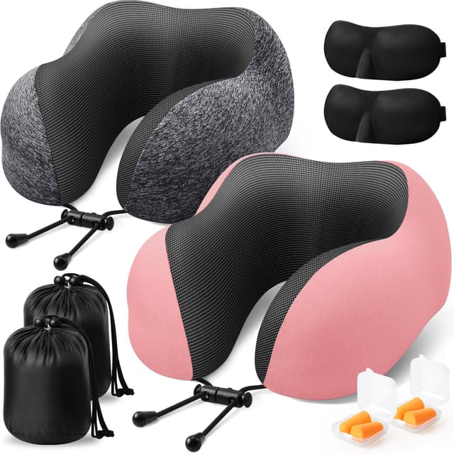 ExploreBliss Travel Pillow, 2 Pack Travel Pillows for Sleeping Airplane, Neck Pillow Airplane, Memory Foam Neck Pillow Set with Eye Mask, Earplugs and Storage Bag -Grey & Pink