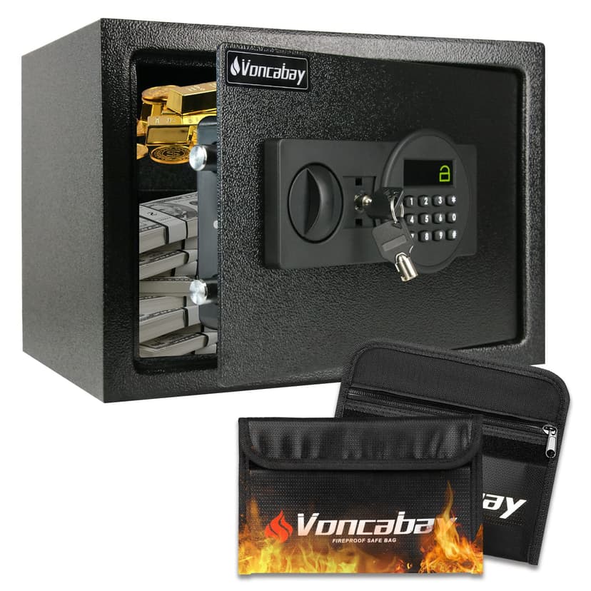 Voncabay Money Safe Box for Home with Sensor Light & Fireproof Money Bag - 0.8 Cubic Feet Security Safe Box with Digital Keypad, Keys & Pass Code Lock Black