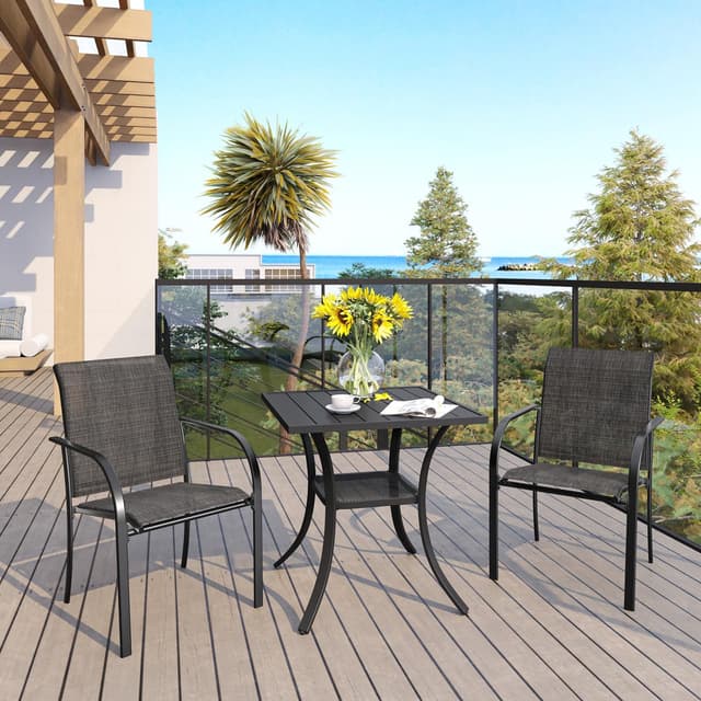 VICLLAX Patio Set for 2, Outdoor Dining Set Includes 28" Small Outdoor Table and 2 Stackable Sling Chairs, Black Tabletop and Grey Fabric