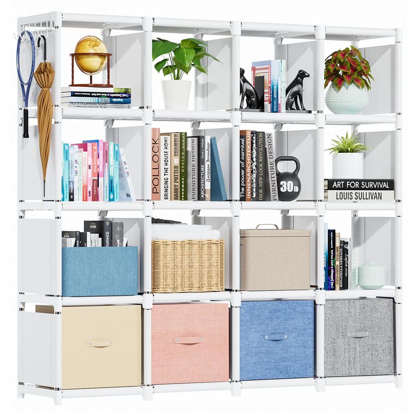 Mavivegue Book Shelf, 16 Cube Storage Organizer, Metal Cube Bookshelf, DIY Bookcase, Tall Book case for Bedroom, Living Room, Office -White