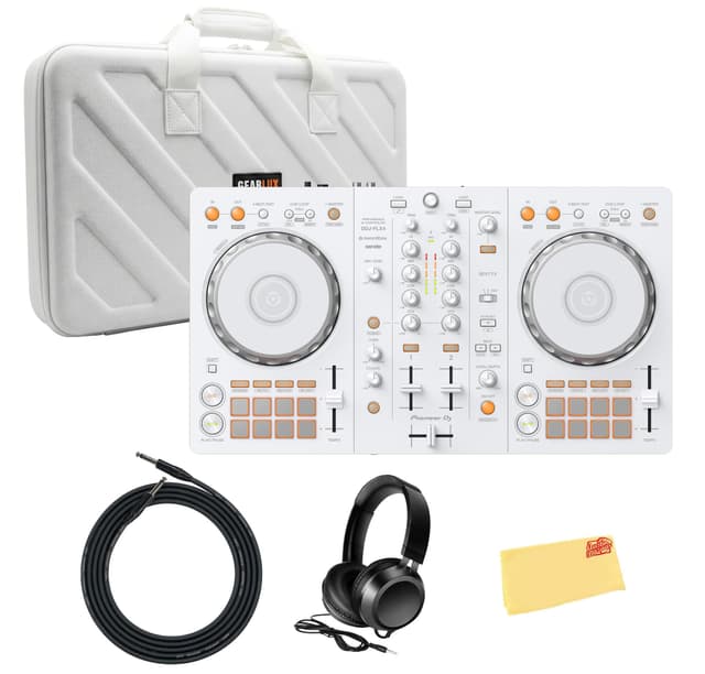 Pioneer DJ DDJ-FLX4 2-Channel DJ Controller - White Bundle with Case, Headphones, Instrument Cable, and Austin Bazaar Polishing Cloth